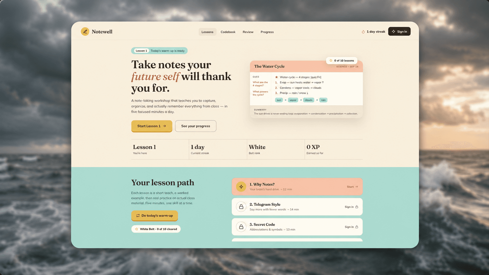 Notewell — a note-taking learning app for kids. The home screen reads “Take notes your future self will thank you for,” above a lesson path with progress, XP and the day-1 streak.
