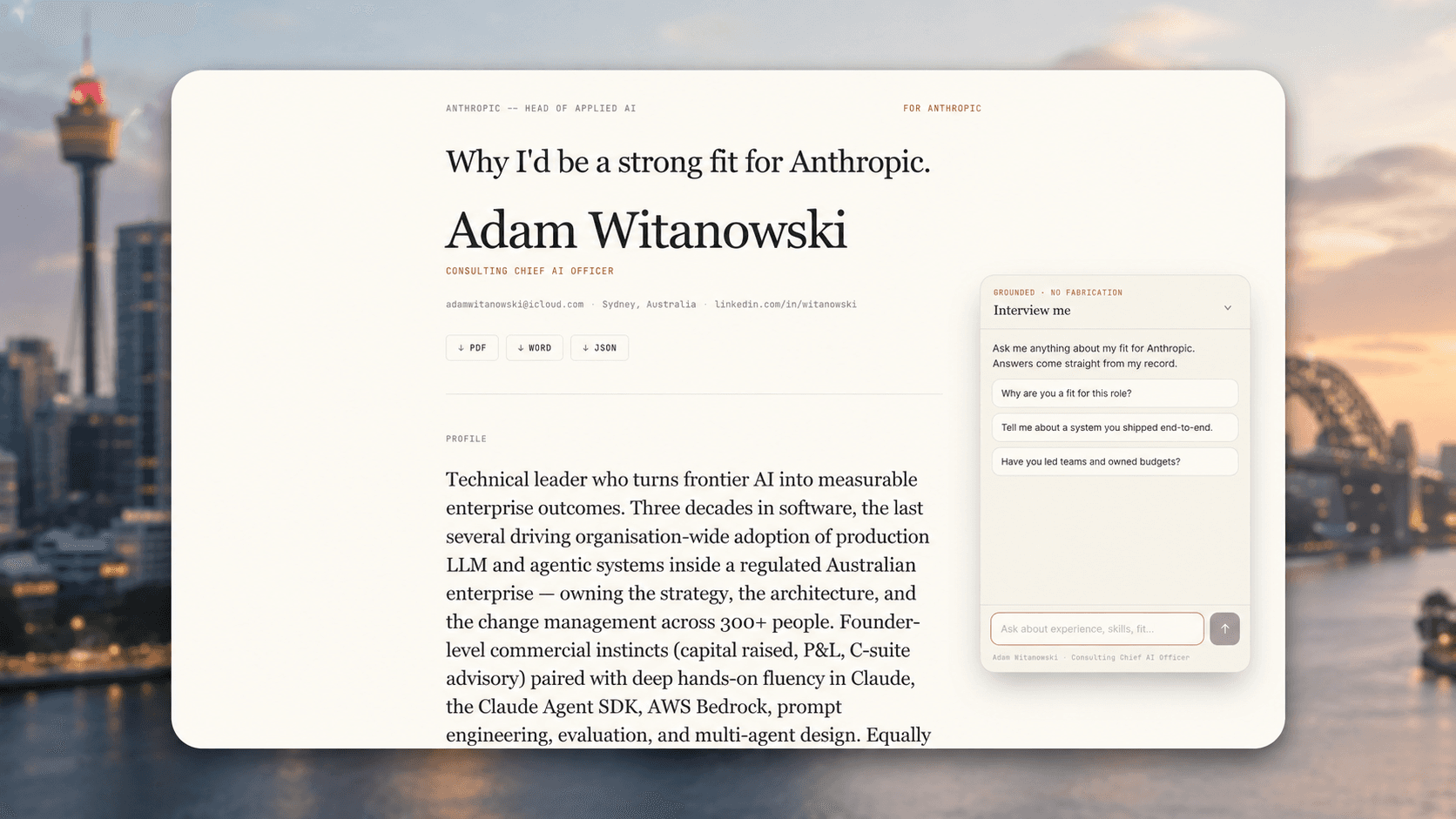 A published Resumatron9000 résumé — “Why I’d be a strong fit for Anthropic” — with the floating Interview-me agent open beside it.