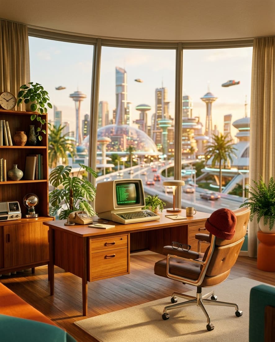 A sunlit retro-future studio desk overlooking a city of flying cars and domes